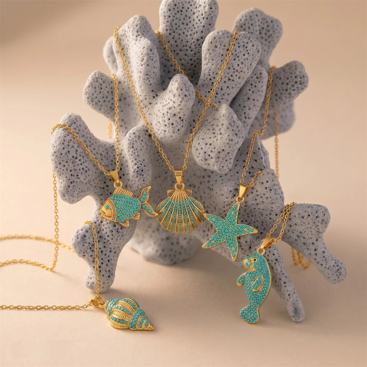 Boho Türkis Kristall Meereslebewesen Halskette Seestern Muschel Anhänger Halskette Sommer Strand Accessoires – Detail 6