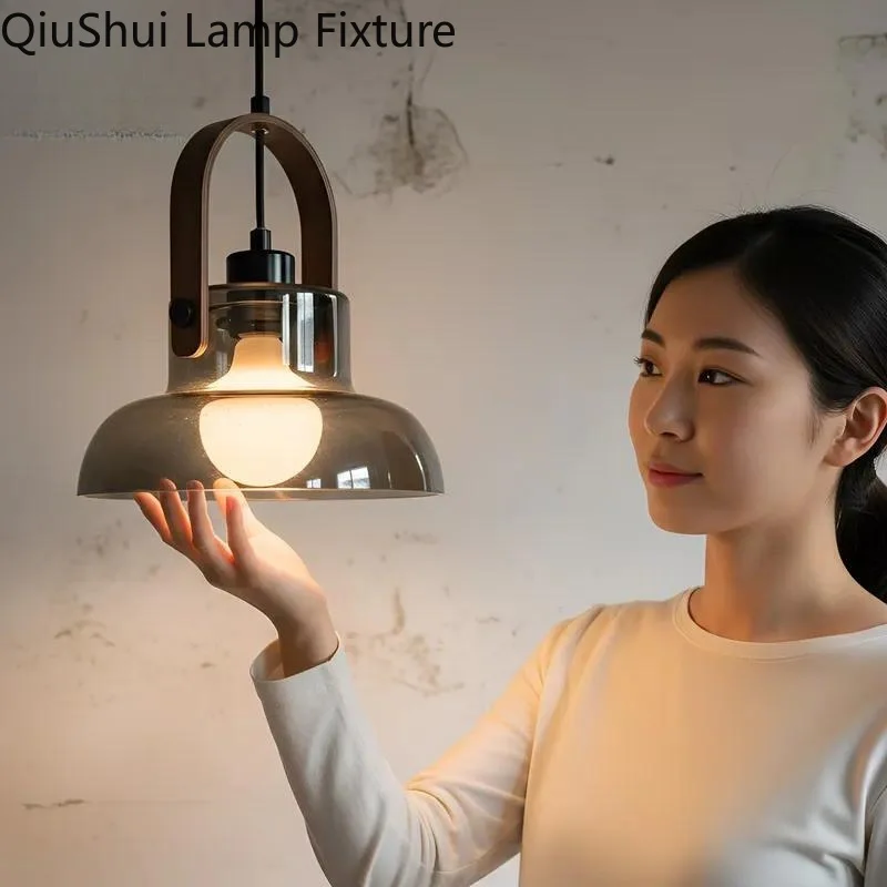 Modern Glass Pendant Light With Ash Walnut Wood Handle Nordic Clear Smoked Glass Hanging Lamp For Dining Room Living Room E27