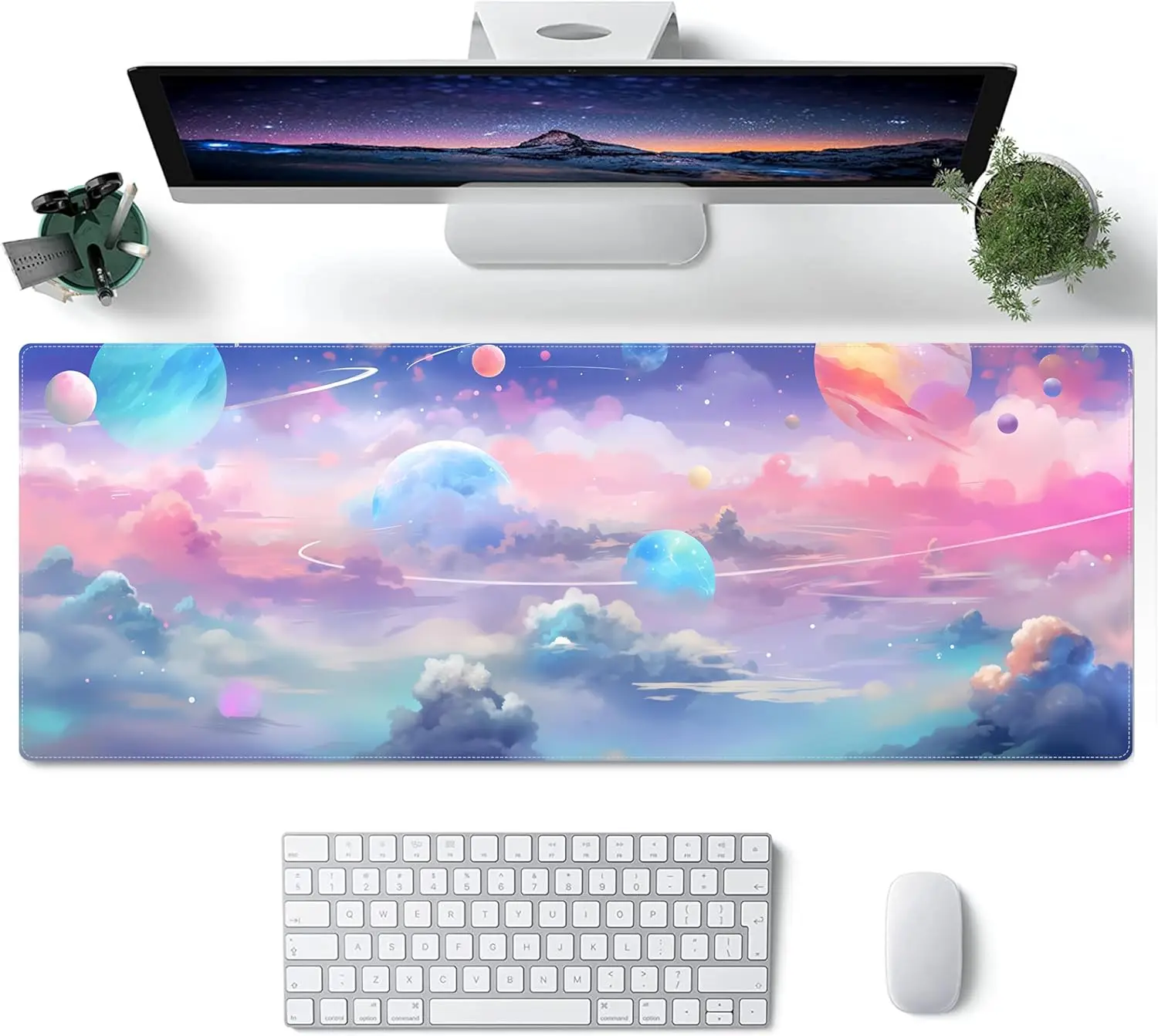 Pink Planet Galaxy Mouse Pad Large Pink Kawaii Gaming Mouse Pad Big Extended Desk Protector for Home Office Work 31.5x11.8 Inch