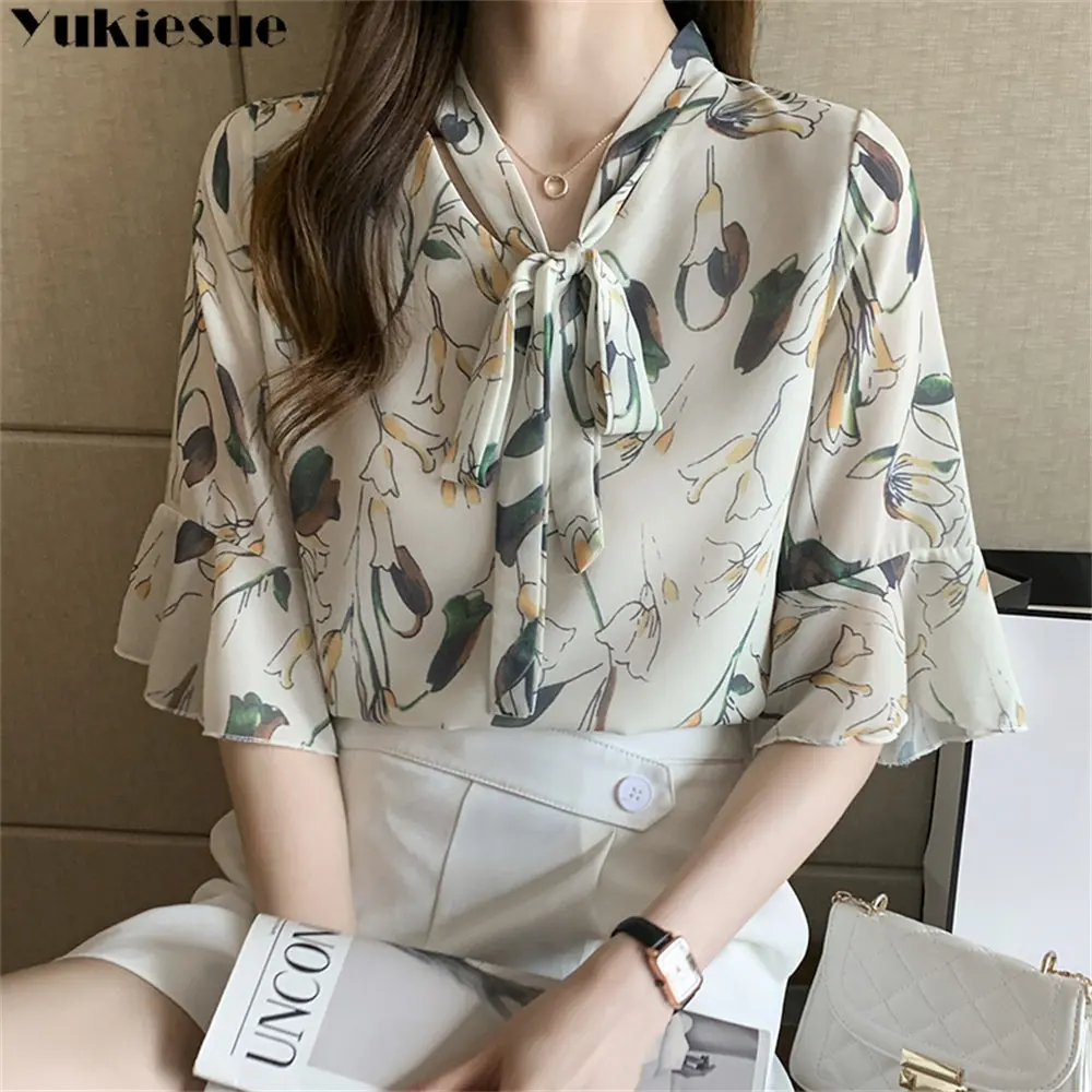 

Summer Short Sleeve Loose Thin ComfortableChiffon Shirt Blouses Top Bow Floral Printing Chiffon Fashion Women's Blouse Shirt