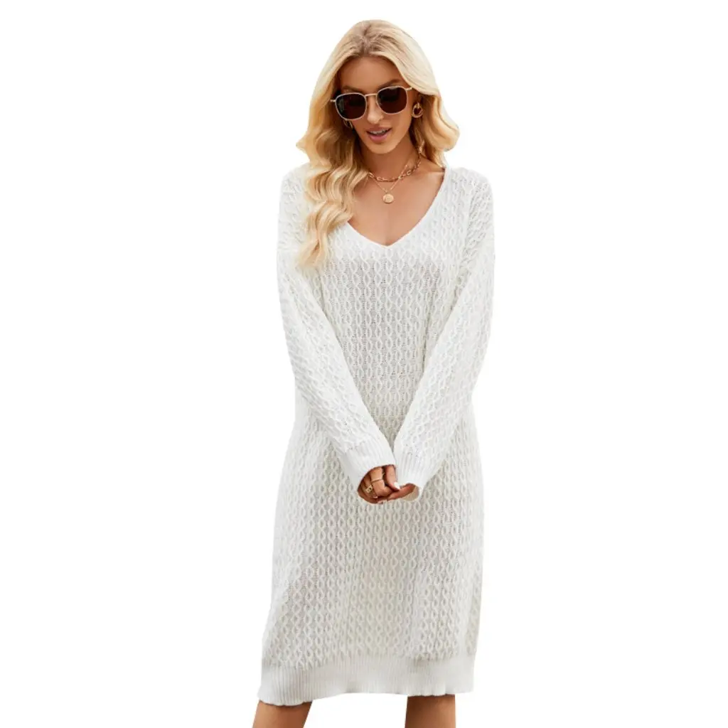 

Women's Loose Knitted Sweater Dress Solid Color Pullover Long Lazy Style for Autumn Winter European American Fashion