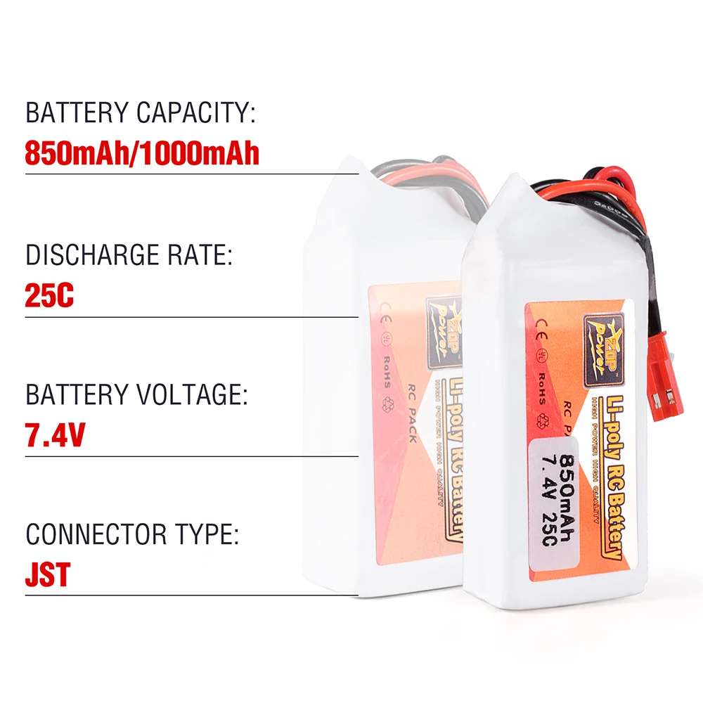 ZOP Power 7.4V bateria Lipo 25C 850/1000mAh Lipos z złącze JST do samochodów ciężarowych TRX4M RC dron helikopter FPV części do łodzi