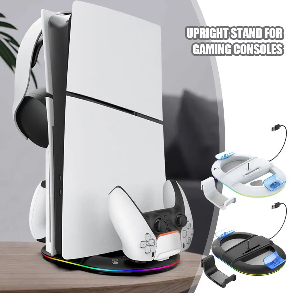 Vertical Display Stand For PS5 Slim Compatible with PS5 Controller and Game Console with Rechargeable Headphone Hanger E8B0