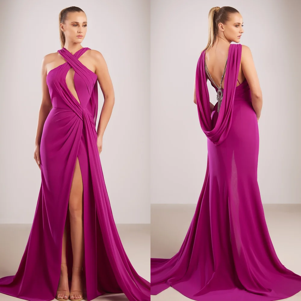 

Customized Sexy Matching Jersey Pleat Ruched Mermaid Halter Long Dresses Bespoke Occasion Dresses Sizes Available High Quality