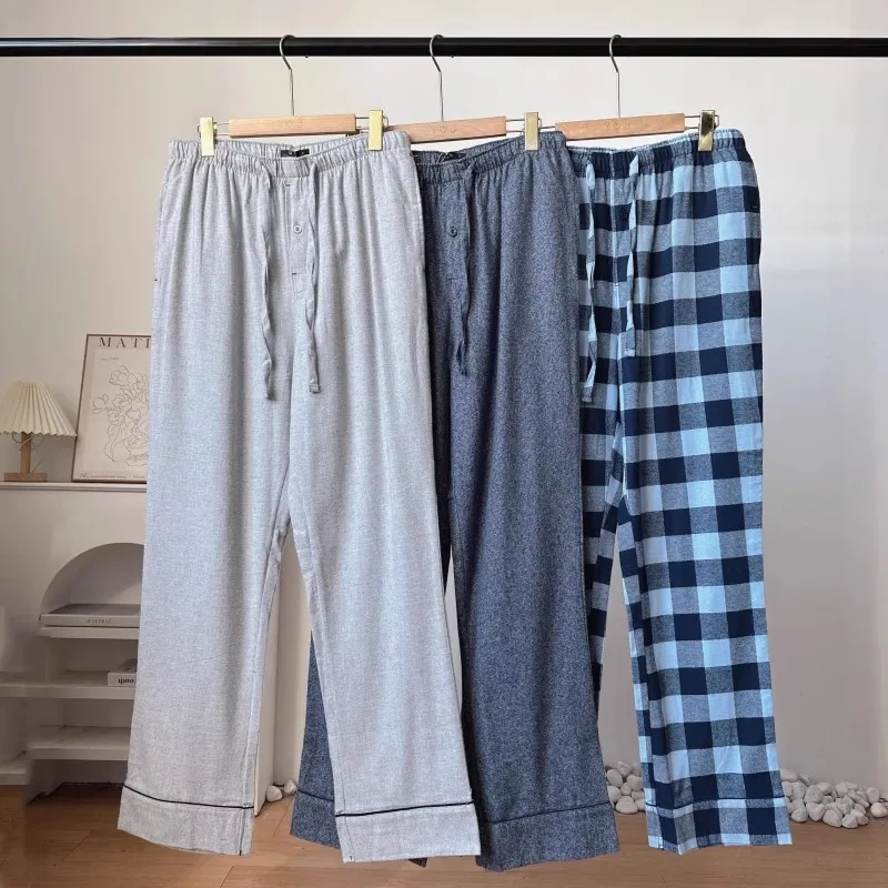 Men's Sleep Pants Autumn 100% Cotton Flannel Buffing Sleepwear Warm Comfortable Men High-waisted Trousers Plaid Plus Size