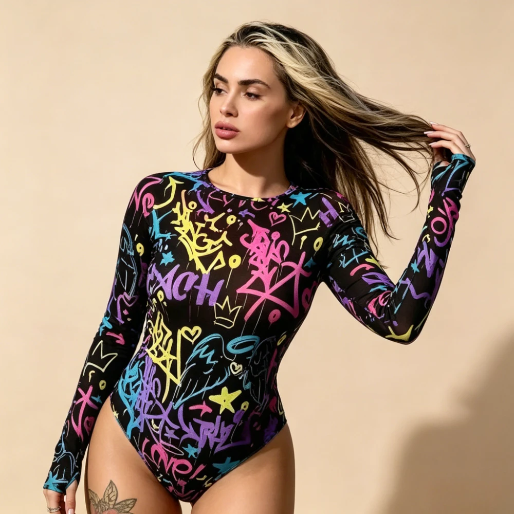 2026 Print Long Sleeve One Piece Swimsuit, UPF 50 Sun Protection Surfing Wetsuit, Full Sleeve Athletic Rash Guard Bathing Suit