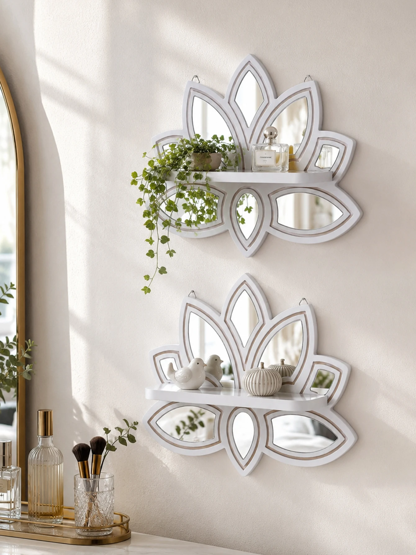 Lotus Shape Wooden Wall Shelves Floral Floating Display Rack with Mirror Decorative Wall Mount Storage Shelf for Plants Candles view 5