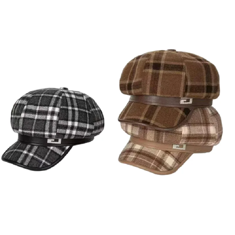 Cappello ottagonale in lana scozzese stile britannico per donna Autunno e inverno Moda versatile berretto retrò pittore cappello strillone