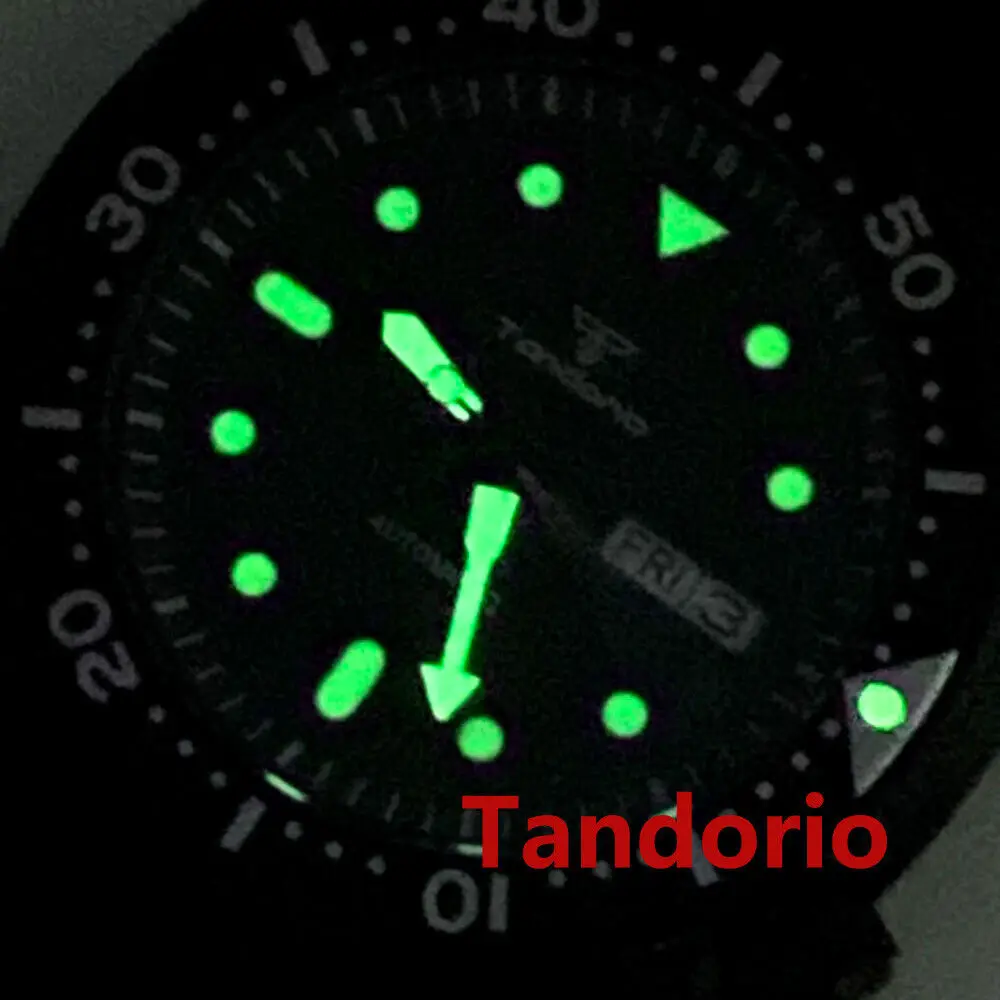 44mm Tandorio Sapphire Glass NH36A Automatic Diving Men's Watch 200M Day/Date Display Rubber Strap Black PVD Dial Green Luminous