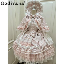 Original Japanese Style Soft Girls Lolita Pink Dress Women's Sweet Slim Fit Bow Lace with Cape Short Dress Set Spring and Summer
