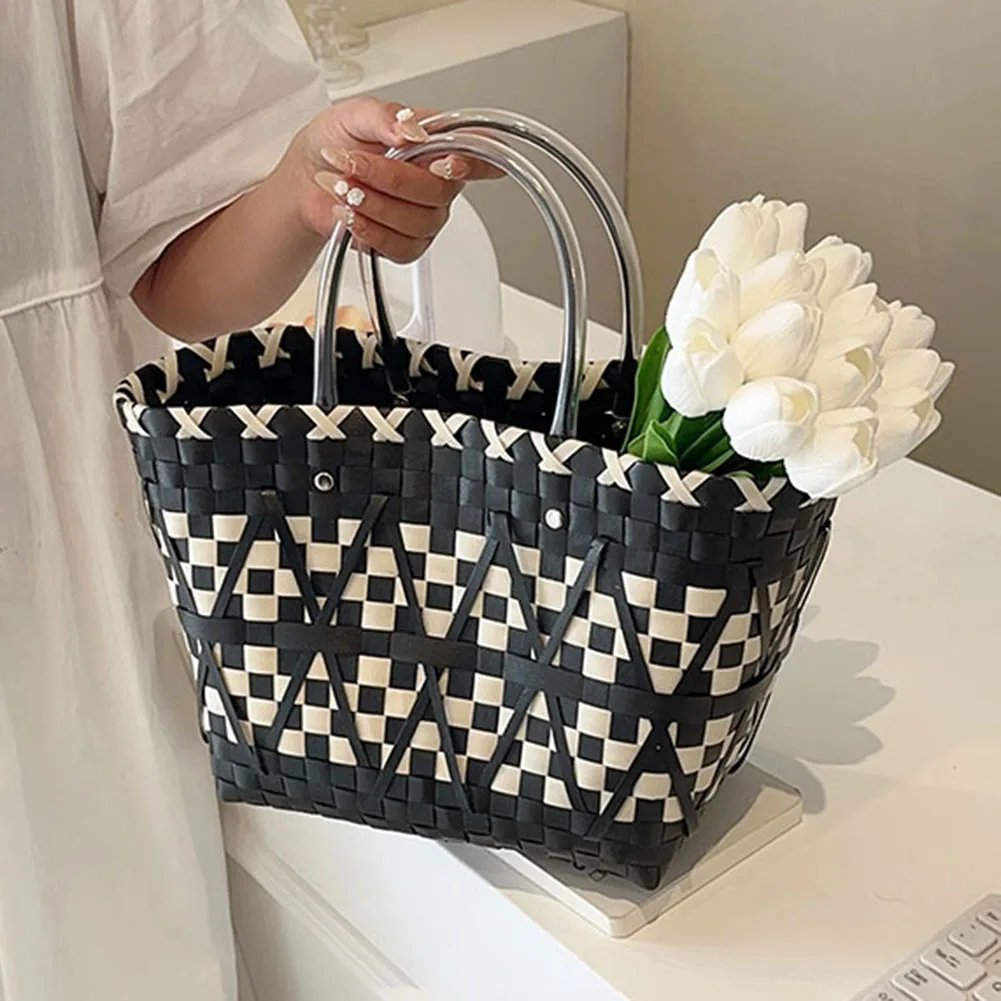 Women Woven Tote Large Summer Beach Bags Handmade Weave Bucket Big Capacity PVC Weaving Hit Color Fashion for Girls Holiday