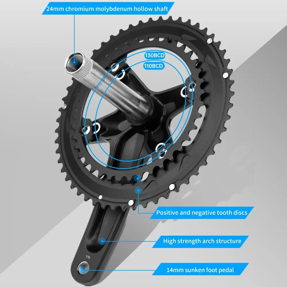 RIRO 706 Road Bike Intergrated Crankset 170mm 130BCD 53-39T/50-34T Double Chainrings Sprockets Hollow Road Bicycle Chainwheel