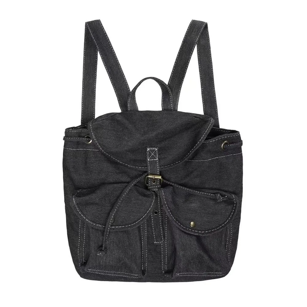 Fashion Washed Denim Retro Backpack Large Capacity Multi-pocket Schoolbag Drawstring Exposed Stitching Canvas Bag Commuting