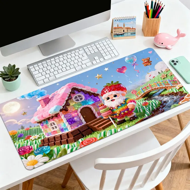 VIKAMA Rainbow Candy Gingerbread House Strawberry Santa Desk Mat Mouse Pad Absorbent Non Slip Office Large Size Home Decor