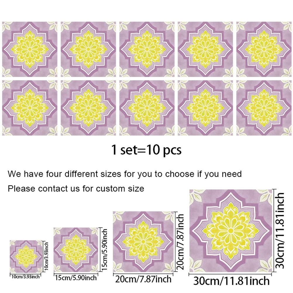 Octagonal Floral Wall Decals Bohemian Style Yellow Purple PVC Waterproof 0.49mm Thick 10x10cm 15x15cm 20x20cm 30x30cm