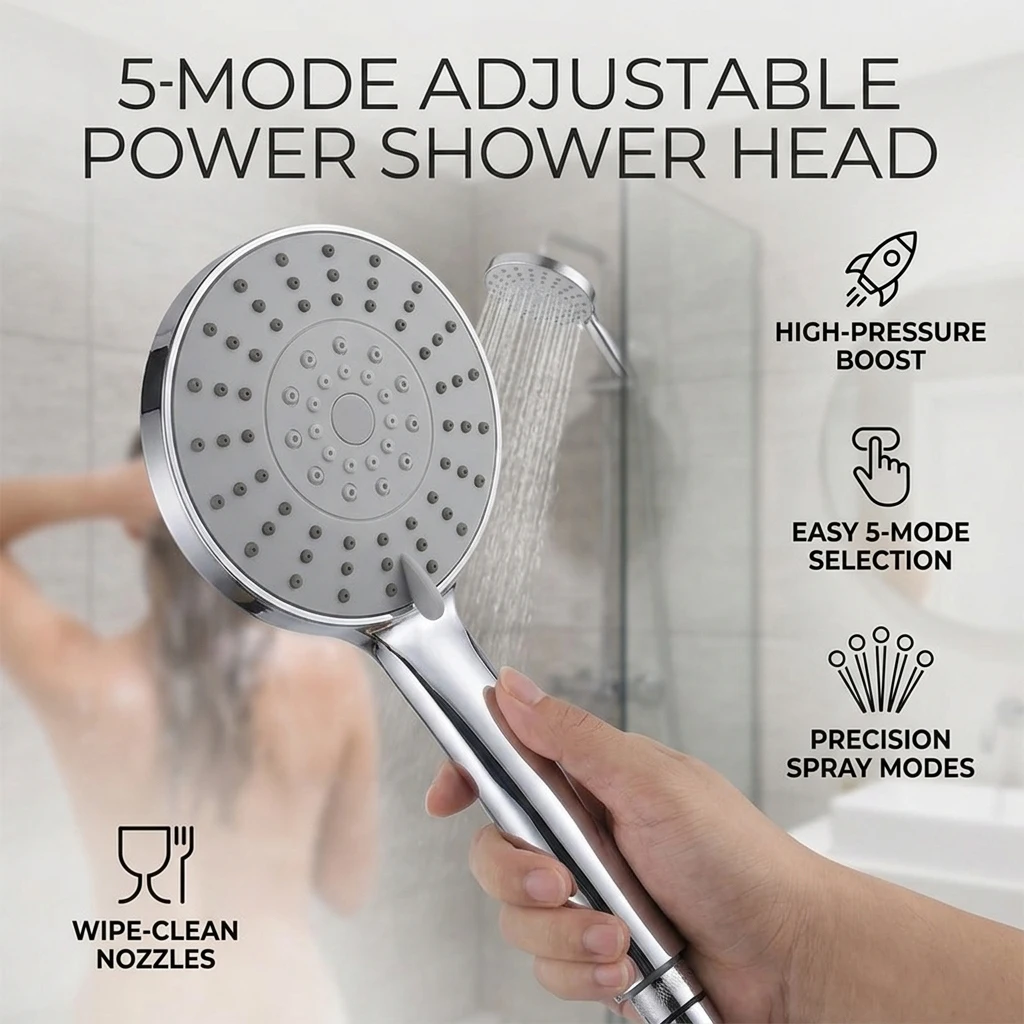 

5-Mode High Pressure Handheld Shower Head, Water Saving SPA Jet, Anti-Clog Spray, 1.5m Hose, Wall-Mounted Bathroom Accessory