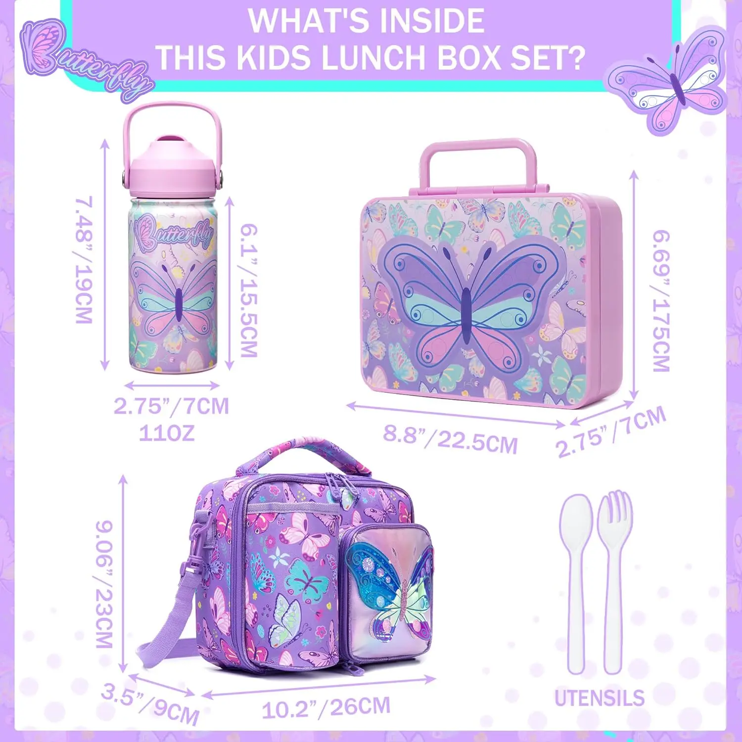 Kids Bento Set with Lunch Bag, Stainless Steel Water Bottle & Ice Pack, Butterfly Lunch Box for Girls Ages 3-12 Toddler