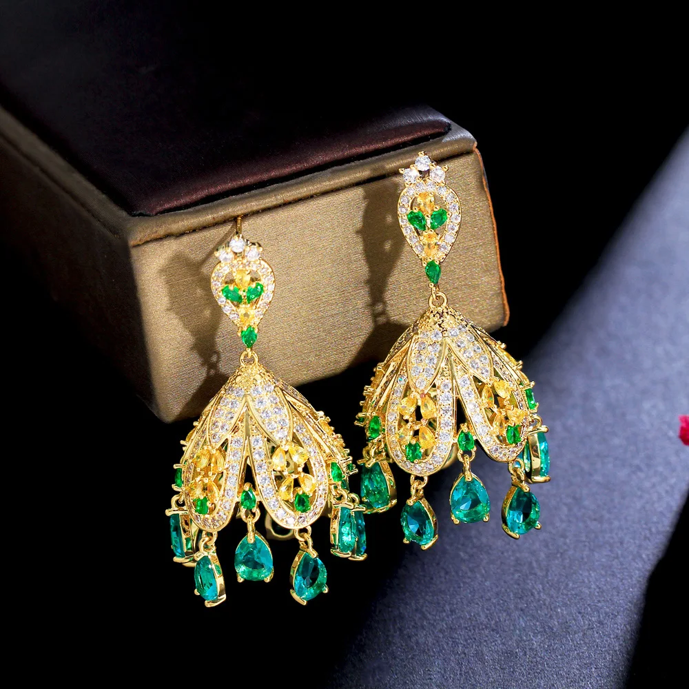 CWWZircons Unique Fringed Green Dangle Drop Chunky Cubic Zircon Gold Plated Big Pageant Earrings Vintage Ethnic Jewelry CZ473