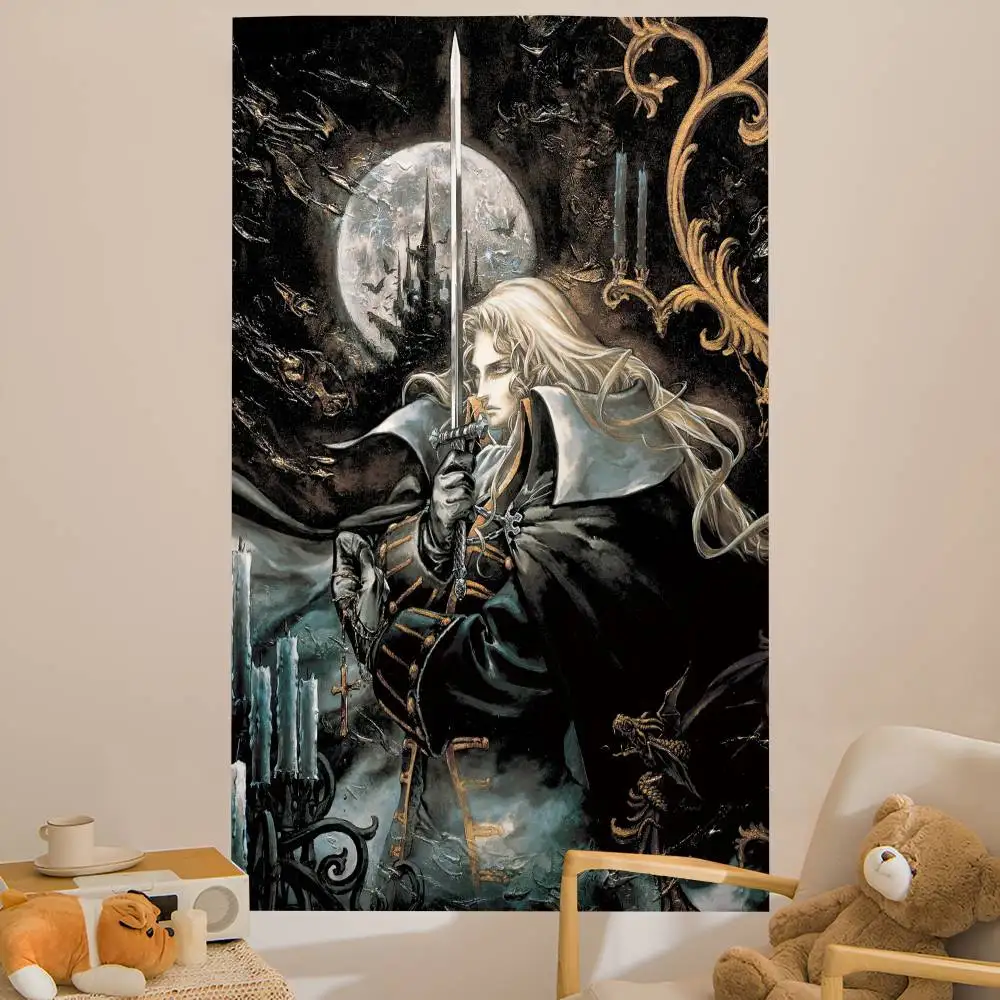 Tapiz de pared grande con estampado de la serie de anime Castlevania, decoración de pared con motivos de Buda indio, arte de pared bohemio y hippie, decoración de brujería.