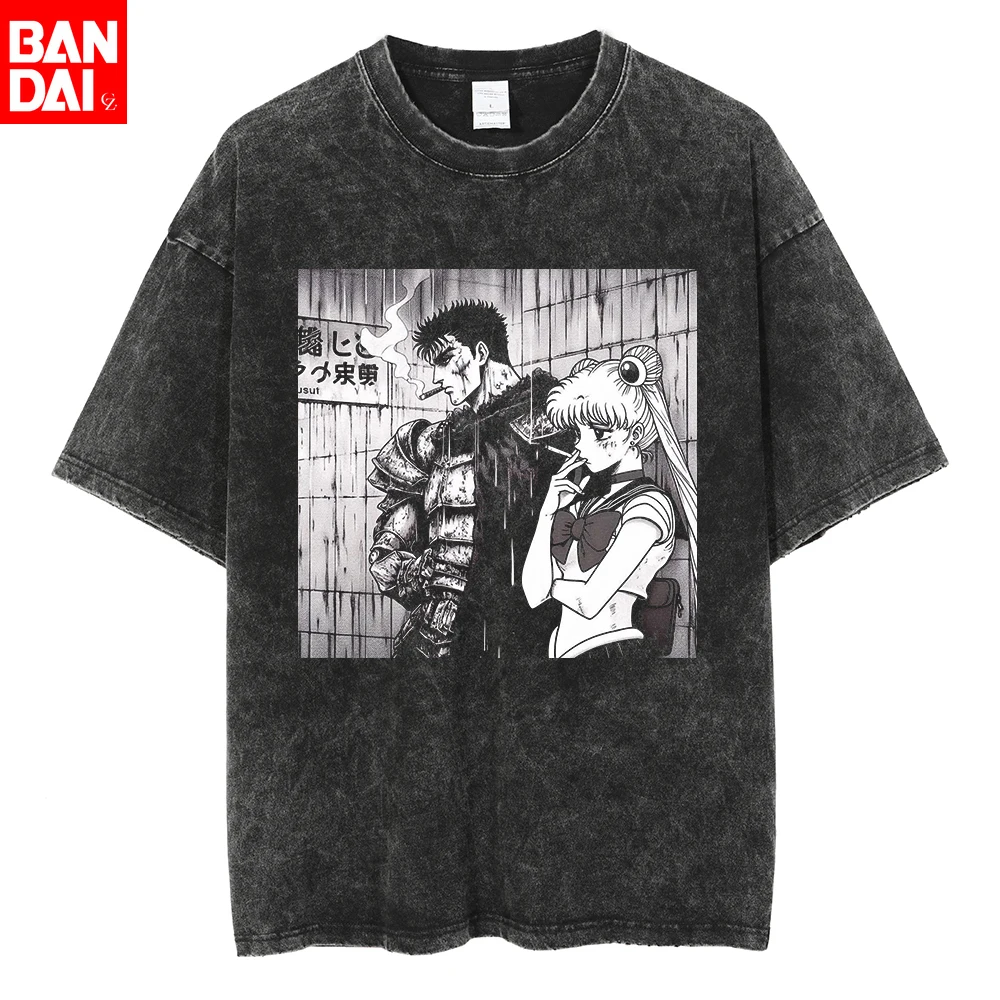 T-shirt vintage délavé Berserk pour hommes et femmes, t-shirts graphiques rétro à thème anime, streetwear oversize en coton à manches courtes