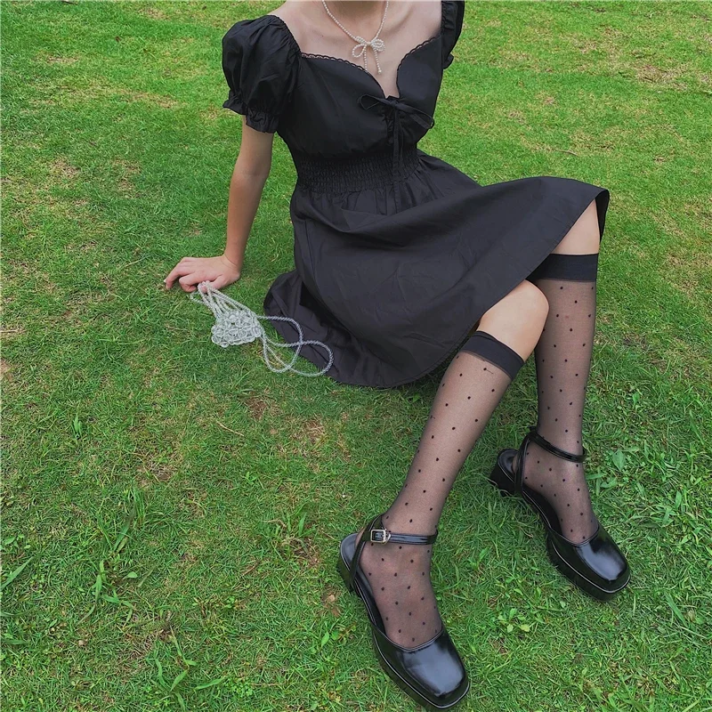 Chaussettes longues imprimées à pois, Lingerie Sexy en maille résille, chaussettes hautes aux genoux pour femmes, bas d'été en Nylon fin Transparent Lolita Kawaii