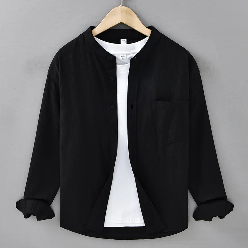 2025 Spring new Japanese style fresh long sleeved shirt for men, fashionable urban washed casual loose standing collar shirt