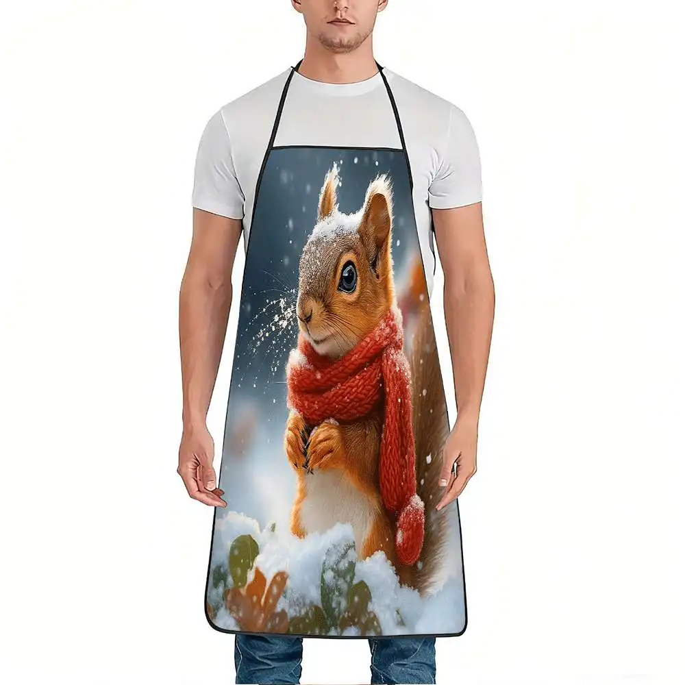 1pc Cute Winter Squirrel Snowprint Apron - Red Adjustable Waistband, Durable Easy-Clean Polyester Apron