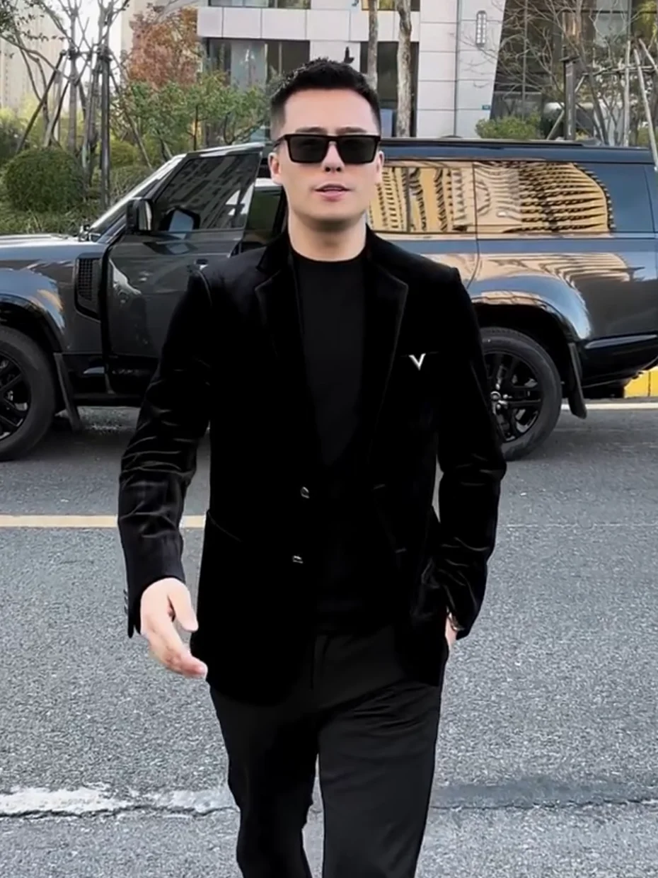 

Soft Velvet Men's Busin Casual Suit High Quali Faionable Versatile Spring Autumn Cool European Sle Haome