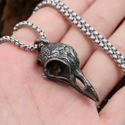 New Vintage Style Stainless Steel Viking Crow Skull Pendant Necklace For Men Fashion Unique Animal Necklaces Amulet Jewelry Gift