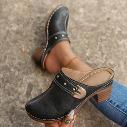 Women's Baotou Slippers Platform Chunky Heels Female Sandals Height Increase Lady Summer Retro Round Mules Thick Sole Slides