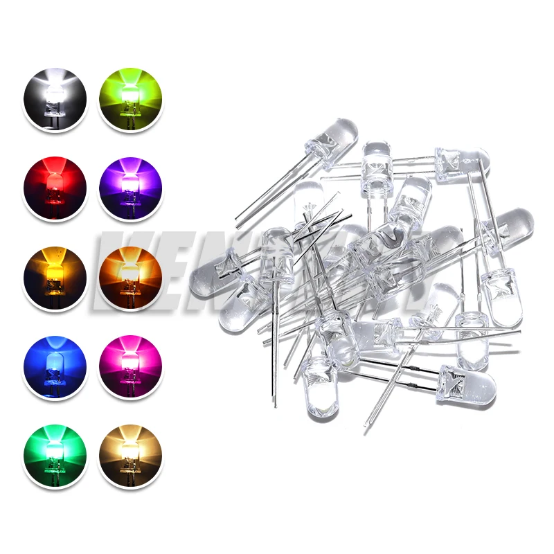 100pcs 5mm LED Diode 5 mm Assorted Kit White Green Red Blue Yellow Orange Pink Purple Warm white DIY Light Emitting Diode