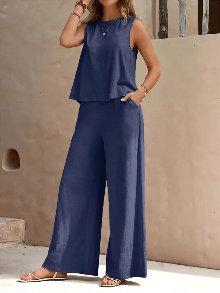 Summer Fashion New Casual Two Piece Set For Women Sleeveless Solid Crew Neck Tank Top Loose Wide Legs Trousers Ladies Sets