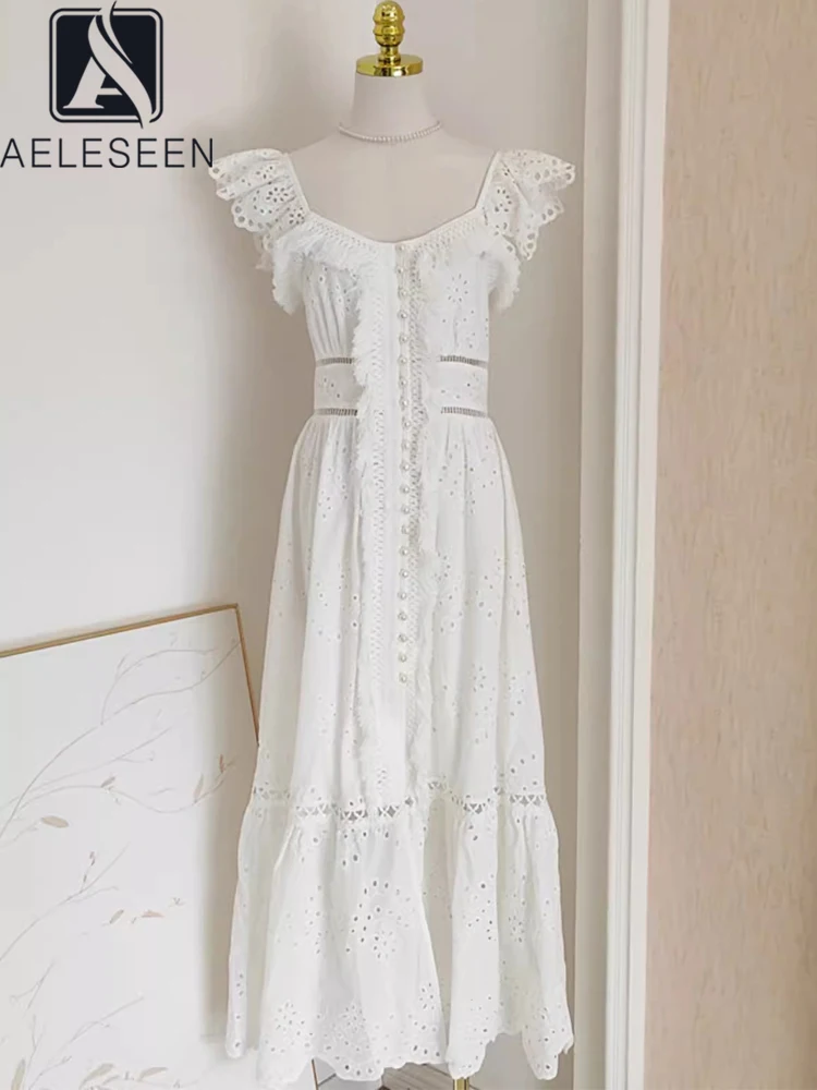 

AELESEEN Runway Fashion Summer Lace Dress Women White V-Neck Ruffles Pearls Hollow Out Slim Elegant Long Party Holiday