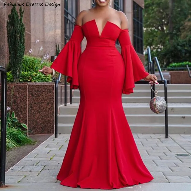 

Red Long Mermaid Evening Dresses Bell Sleeves Off Shoulder V-neck Women Prom Gowns Backless 2024 Wedding Party Dress