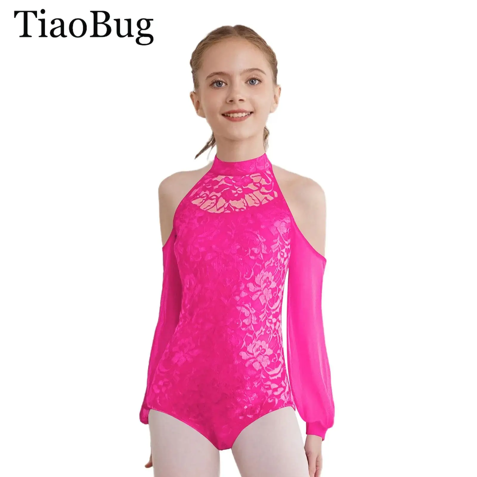 Ragazze Ginnastica Allenamento Balletto Body Pizzo Pattinaggio di Figura Costume Spalla Fredda Maglia Trasparente Maniche Lunghe Yoga Unitard Body