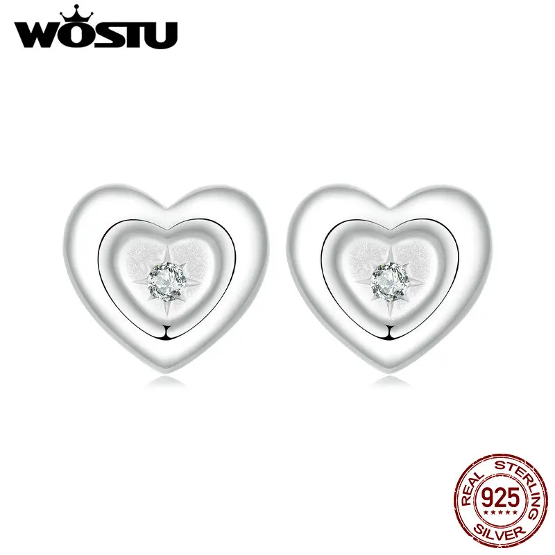 WOSTU 925 Sterling Silver Heart Button Earrings For Women Zircon Star Stud Earring Exquisite Jewelry gifts For Lover Daughter