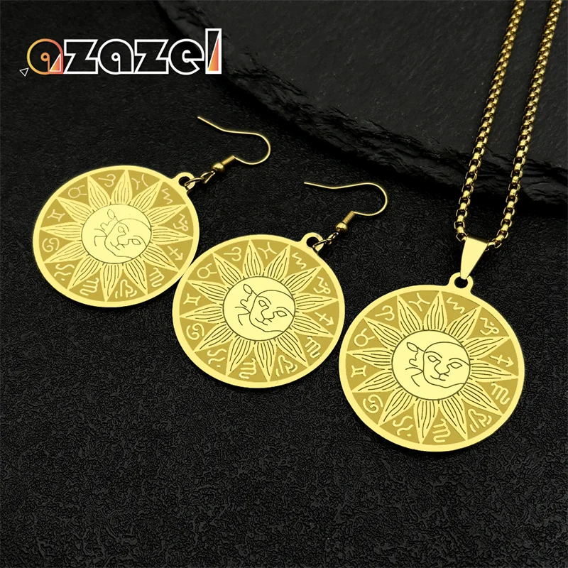 12 Constellations Sun And Moon Necklace Earring Set For Women Men Gold Color Stainless Steel Round Medal Amulet Jewelry Set