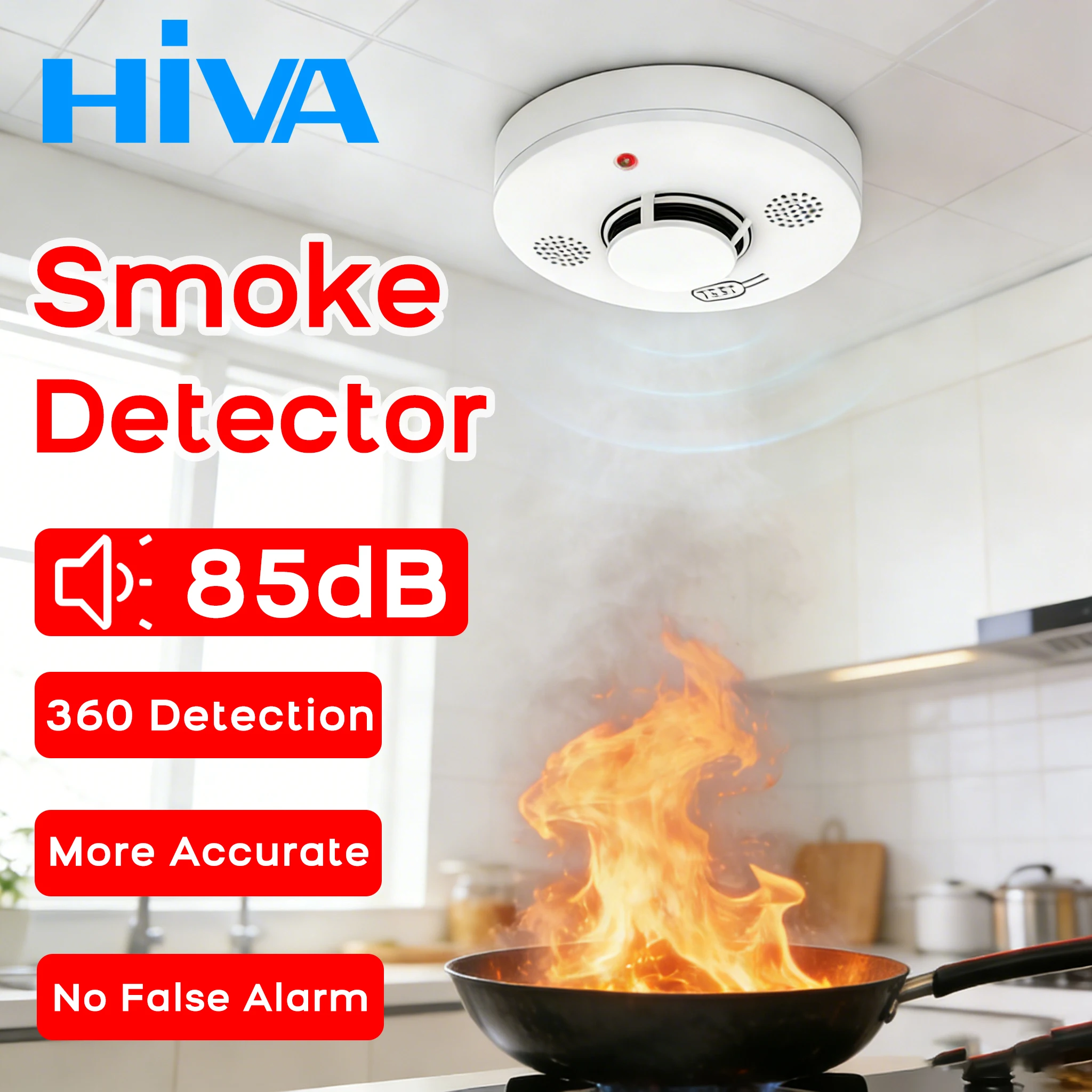 

Independent Wireless Smart Smoke Detector Fire Alarm Sensor Loud Siren and Flash Warning for Home Office Warehouse Safety Use