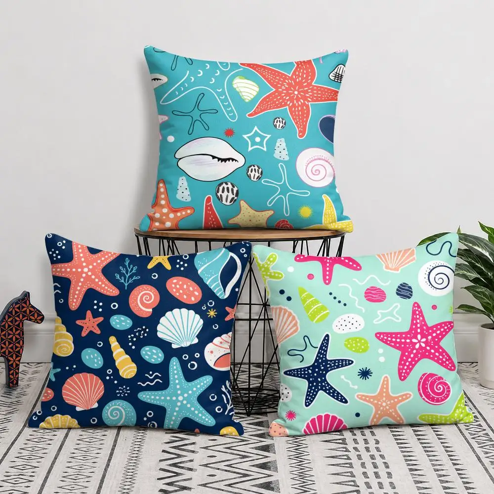 Starfish Conch Cushion Cover Short Plush Soft Double-Sided Printing Pillow Case Cozy Sofa Bedroom Home Decor Gift