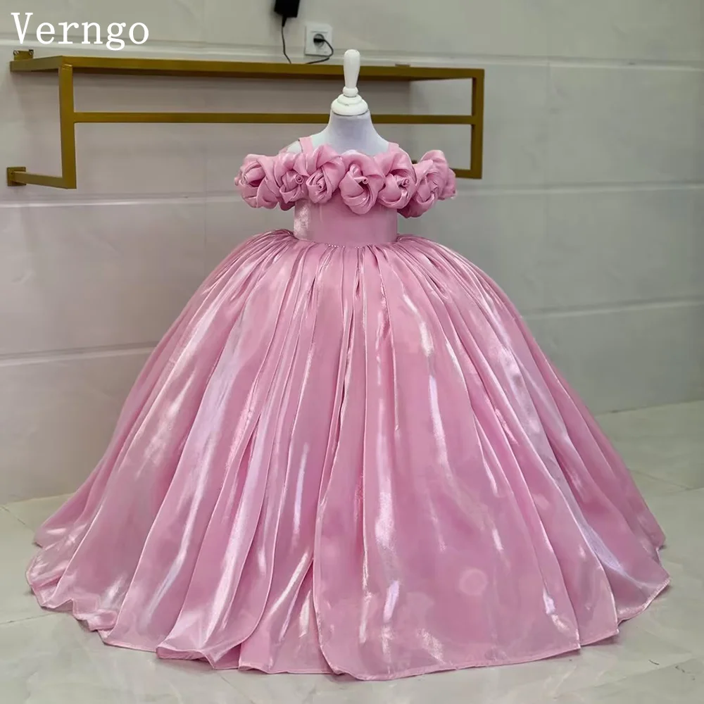 

Verngo Pink Shiny Satin Girl Flowers Dress 3D Flowers A Line Birthday Party Gown Princess Elegant Prom Gown Kid Customized