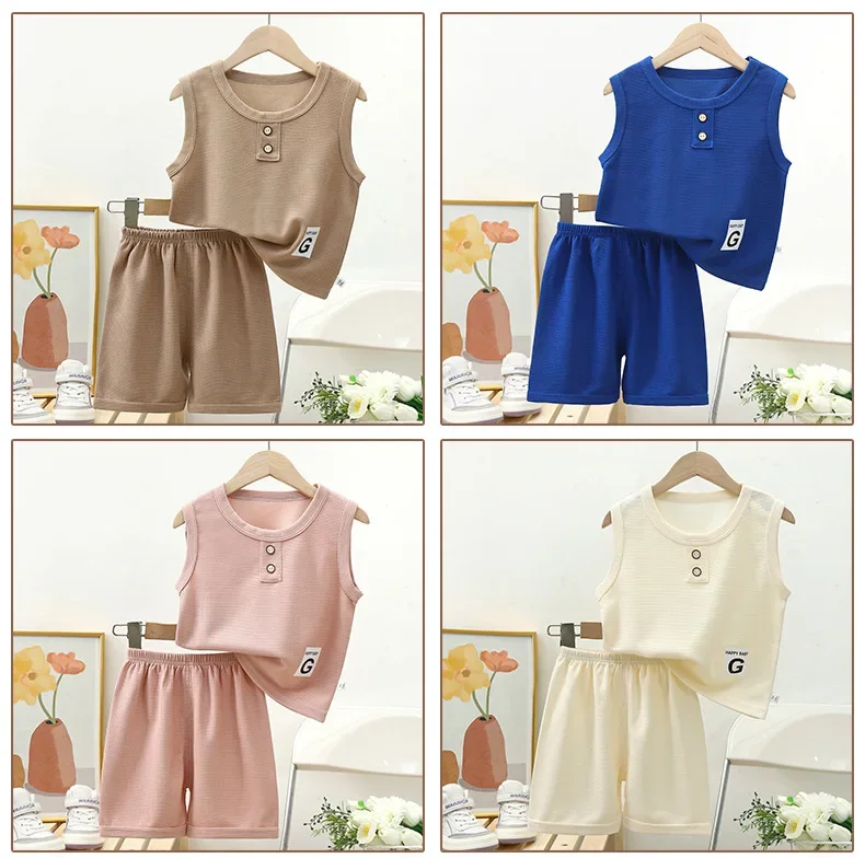 

Children's Vest Set 2025 Summer Short Sleeve Clothing Baby Clothes Boys Girls Outfit Thin Fabric Home Bulk Purchase for 1-8years