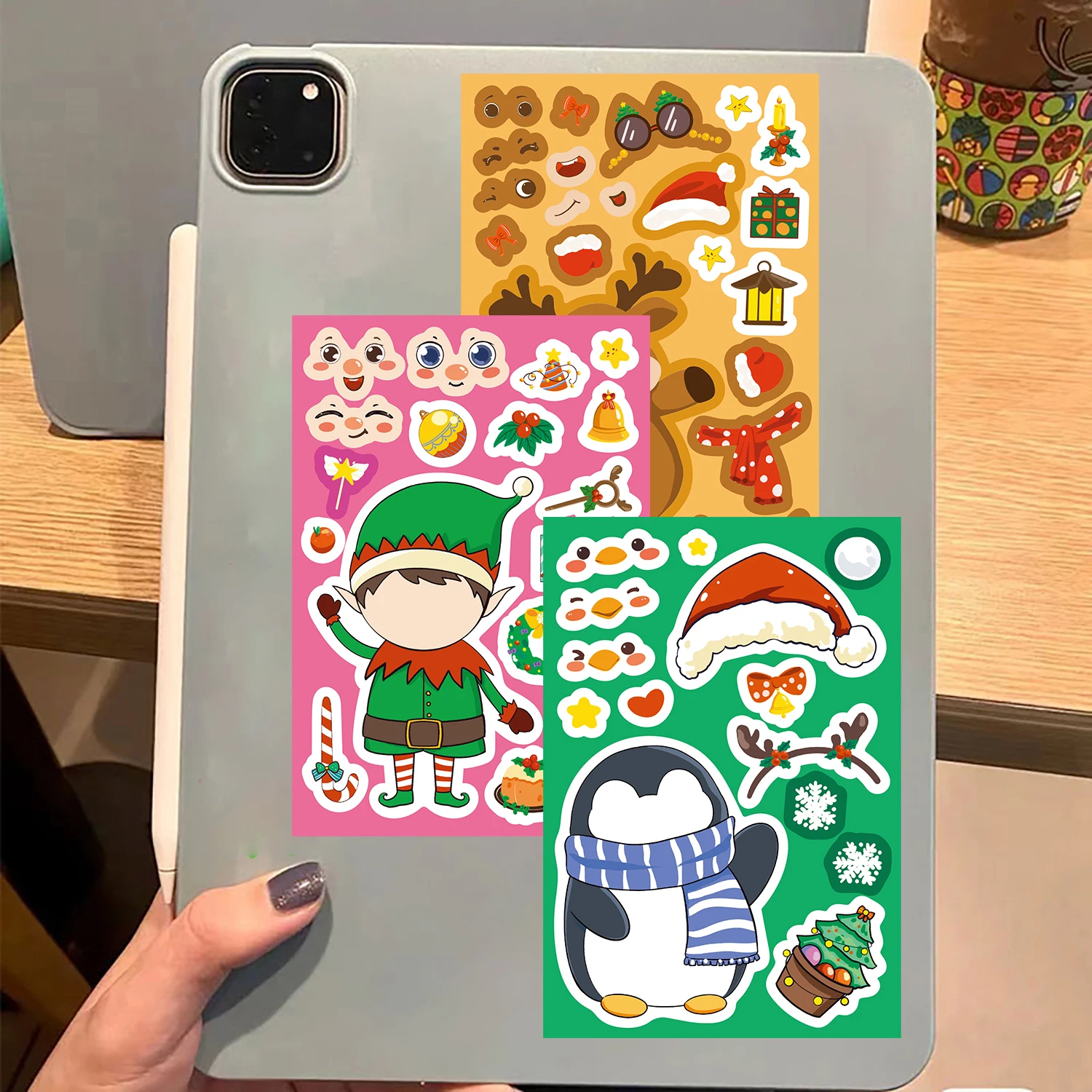 8 قطعة عيد الميلاد الكرتون الوجه تغيير ملصق الكولاج الإبداعية الكرتون الغيتار الهاتف الغيتار جدار الأمتعة القرطاسية ملصقات