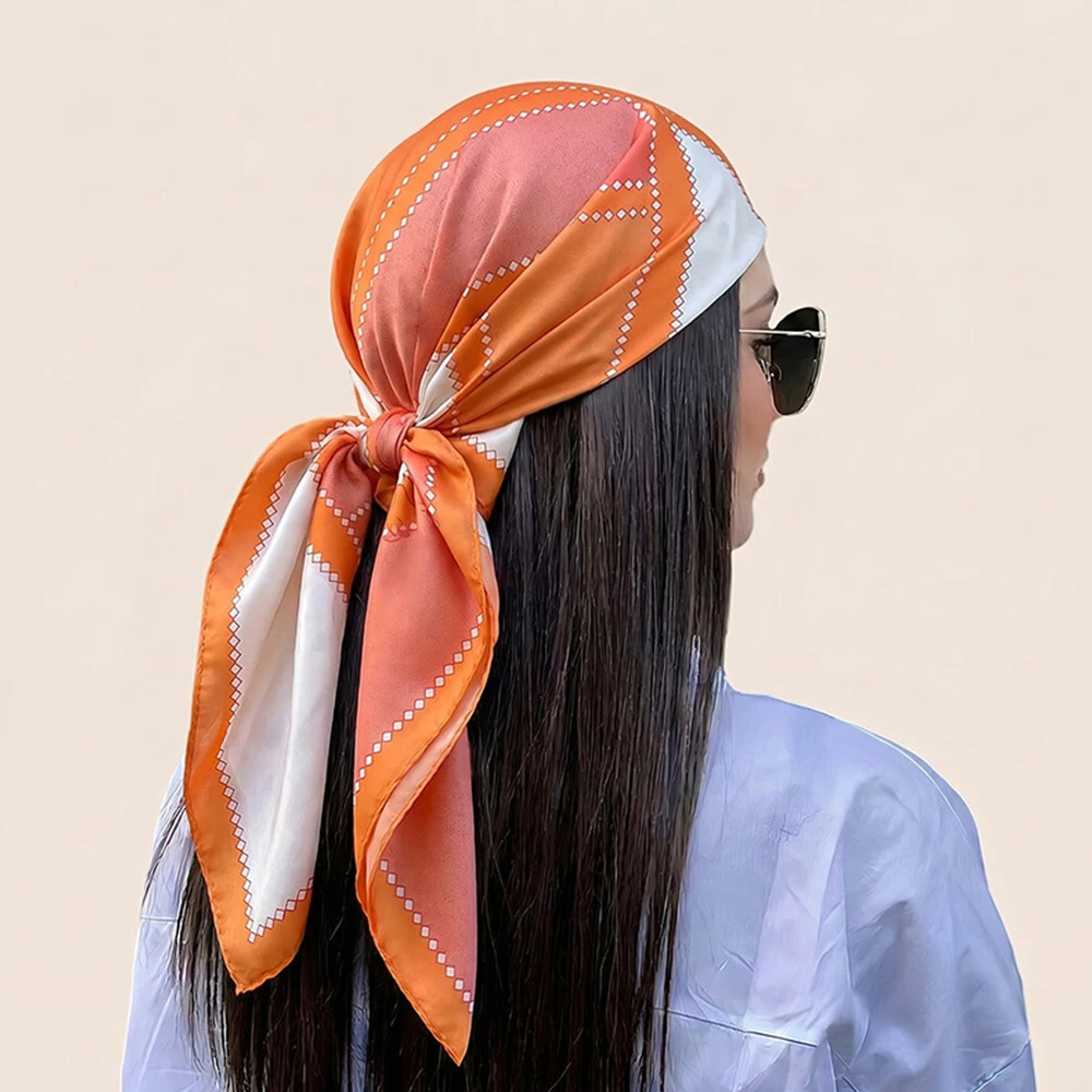 

70cm Geometric Pattern Silk Scarf for Women Simulated Silk Fresh and Elegant Versatile Headwear Clothing Bags and Square Scarf