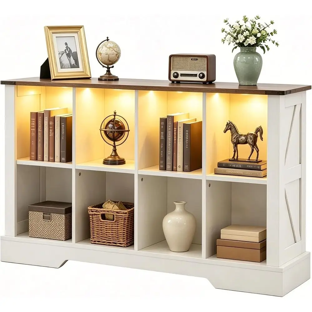 8 Cube Storage Organizer, 2 Tier Book Shel with Led Lights, armhouse Book Shelves or Living Room, Horizontal Toy Storage Bookshe