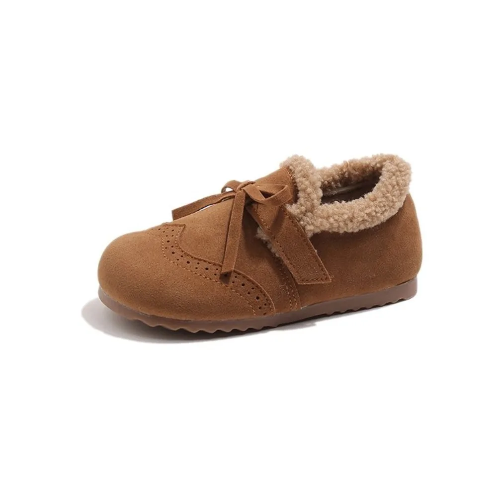 Toddler Fleece Lined Oxford Shoes, Kids Vintage Brogue Warm Winter Flats, Bow Decor Non-Slip Soft Sole Dress Shoes for Girls