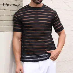 Sexy Striped Hollow Out Mesh T Shirts Mens Fashion Patchwork Short Sleeve Mesh Tops For Men Spring Summer Casual Breathable Tees