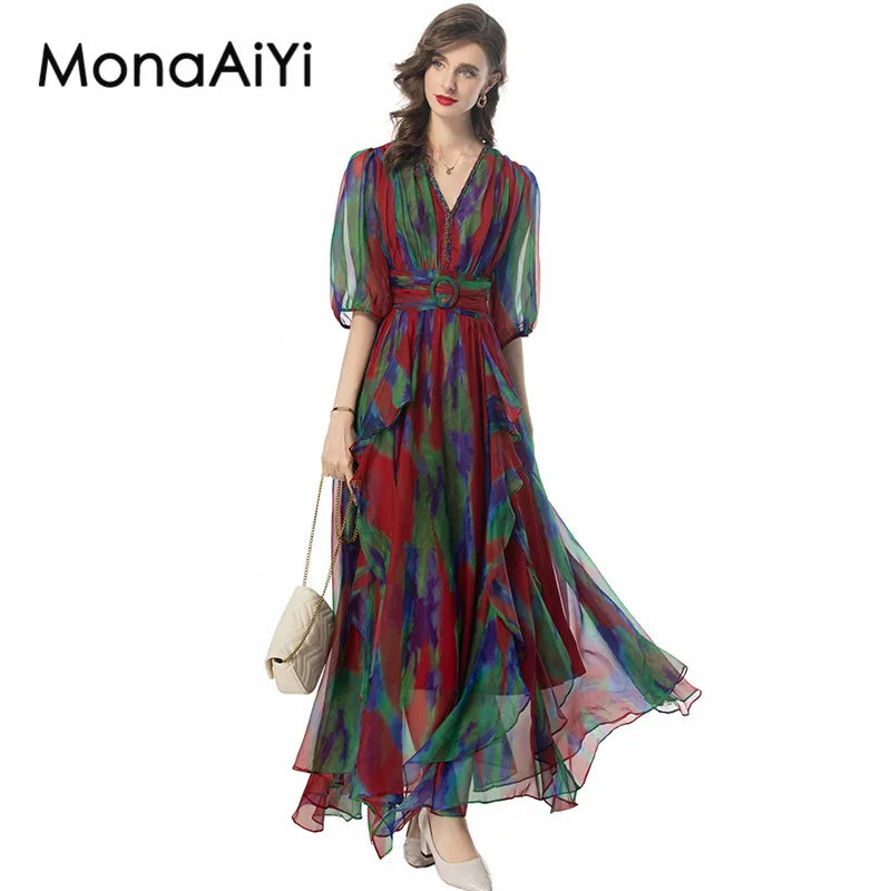 

MonaAiYi Summer Women's Dress V-Neck Half Sleeve High Waiste Romantic Print Folds Design Bohemian Holiday Dresses