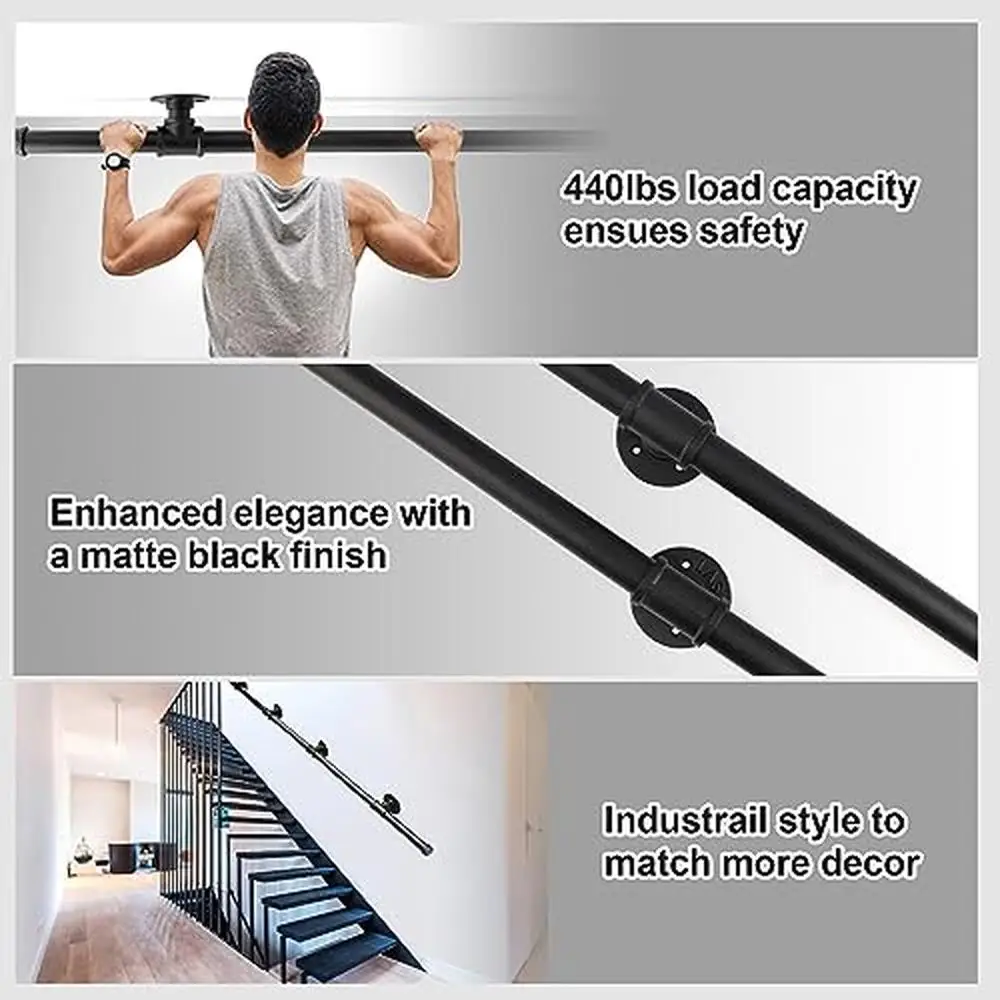 6.6FT Wall Mount Industrial Pipe Stair Handrail Galvanized Steel Grab Bar Kit Indoor Outdoor Stairs Loft Attic Bathroom Door