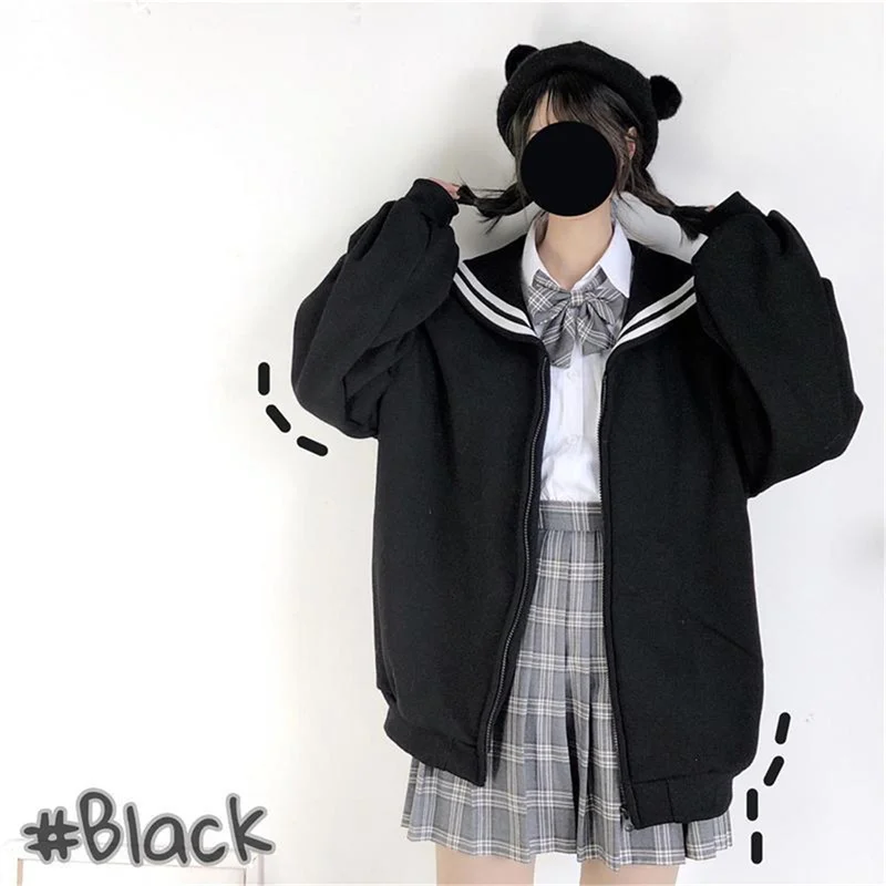 Soft Girl Fashion Oversized Sweatshirt NEW Kawaii Black Zip Up Hoodie Women Sailor Collar Sweatshirt Japanese Streetwear