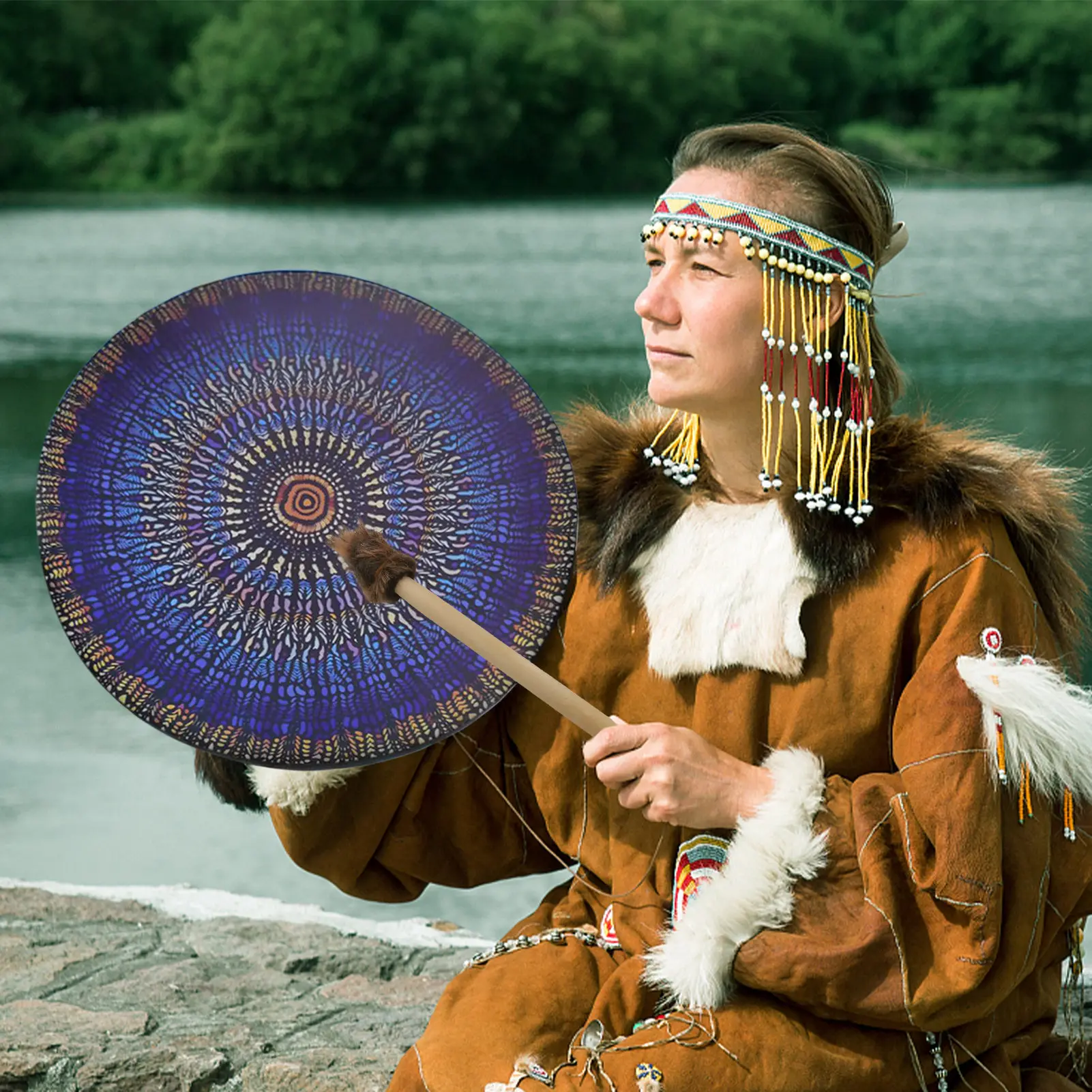 Shaman Drum Percussion Frame Drum Vega-n Shaman Alchemical Moon Drum With Handmade Drum Stick Sound Therapy Instrument Tool